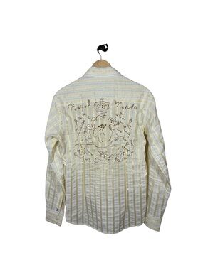 Mondo Embroidered Crest Stripe Button Down Shirt Crown Graphic Yellow M